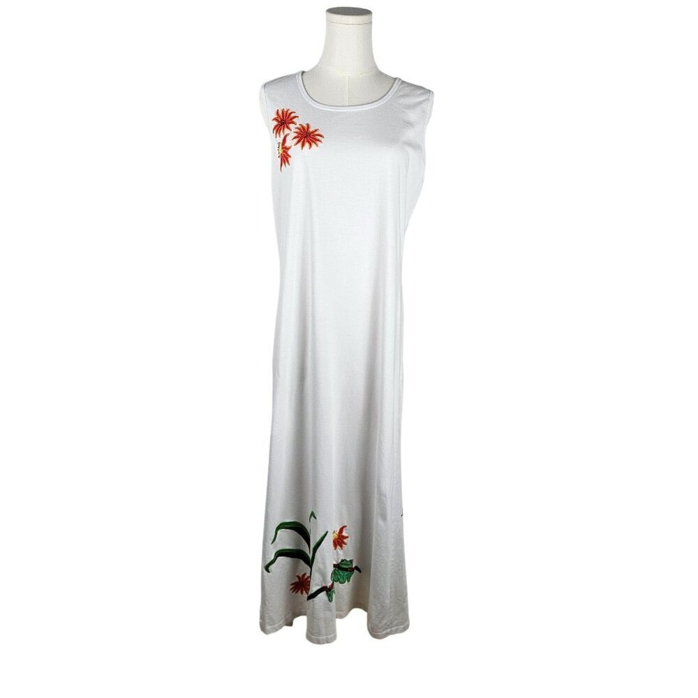 Michael Simon Medium White Tank Maxi Dress Embroidered Flowers Beach Vacation - Picture 2 of 12